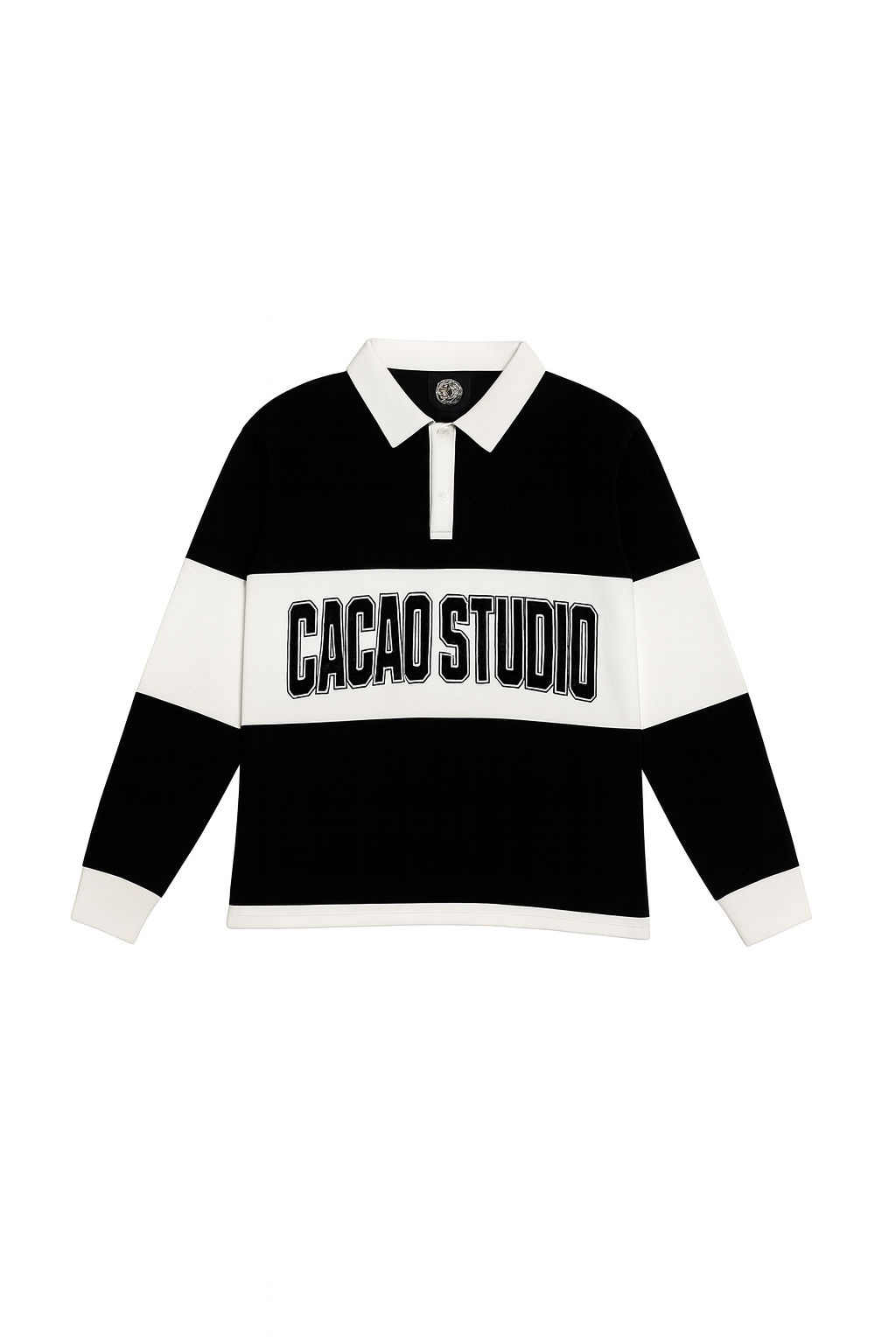Black and white rugby-style shirt with 'Cacao Studio' text on a white background