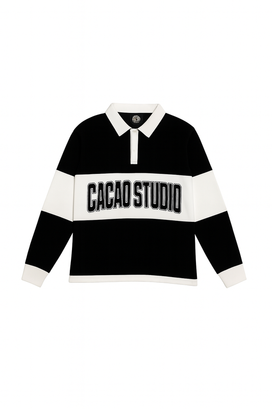 Black and white rugby-style shirt with 'Cacao Studio' text on a white background